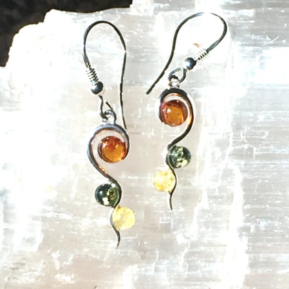 Genuine Baltic Amber Multicolor Earrings .925 Sterling Silver Swirl Design - Picture 13 of 13